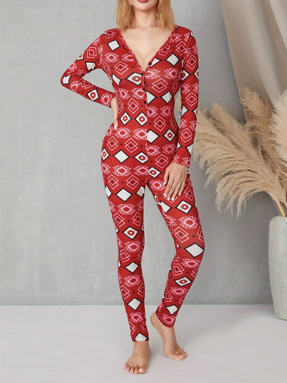 Women's Plaid V-Neck Romper - Casual Long Sleeve Jumpsuit with Elastic Yoga Waist and Button Details, Red, Polyester