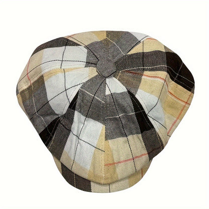 New Plaid Octagonal Hat, Vintage Artistic Newsboy Cap, Women'S Casual Beret, British Style, Lightweight, Non-Stretch, with Random Printing Pattern, for Holida