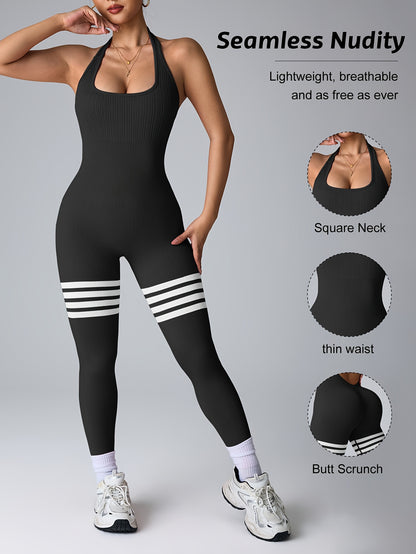 Women's High-Waisted Yoga Rompers - Butt-Lifting & Tummy Control Workout Bodysuit, Non-See-Through Quick-Dry Athletic Onesie for Gym, Yoga, Dance - Machine Washable Fitness Suit, Durable Sportswear, Gym Wear, Seamless Design,