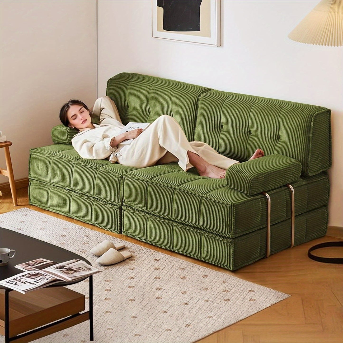 Convertible Sleeper Sofa Bed with Stainless Steels Fixed Frame, Corduroy Folding Futon Couch Bed with Square Pillows, Modular Floor Sofa Lounge Couches Living Room Bedroom-Green