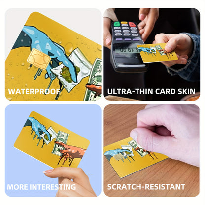 4pcs PVC Credit Card Skins with Money Drip Design & Dollar Bill Pattern - Matte Anti-Residue Vinyl Decals, Hand Washable Protective Cover for Credit/Debit/Transit/Key Cards - One-Time Use, Color Matching ( & Red) - Ideal for