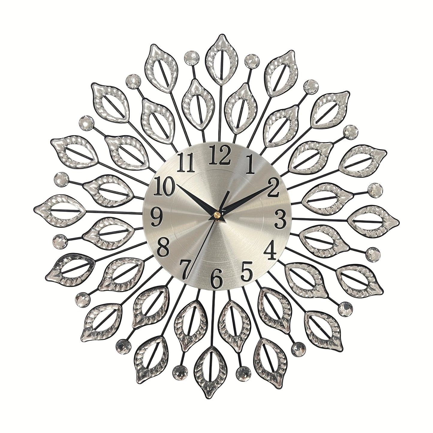 1pc silent decorative wall clock, 15.35 inch black metal material, with easy to read numbers, acrylic leaf rhinestones design, suitable for multiple places such as living room and bedroom, and a new house gift, Living Room Wa
