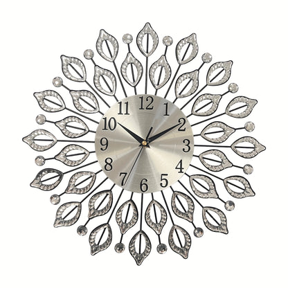 1pc silent decorative wall clock, 15.35 inch black metal material, with easy to read numbers, acrylic leaf rhinestones design, suitable for multiple places such as living room and bedroom, and a new house gift, Living Room Wa