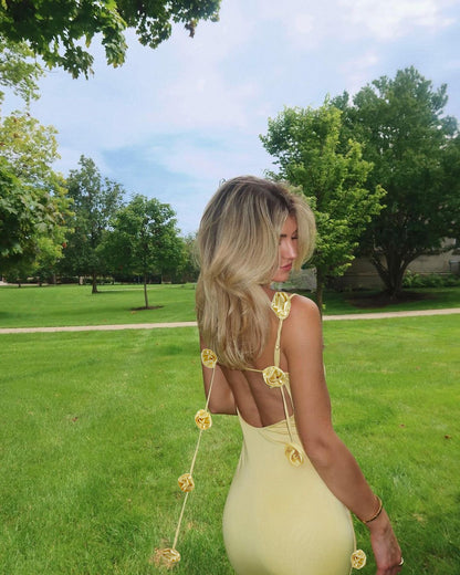 Women's Elegant Backless Evening Gown with 3D Flower Strap - Long Formal Wedding Dress, Prom Dress, Party Dress - Solid Color Round Neck All-Season Hand Washable Dress for Special Occasions