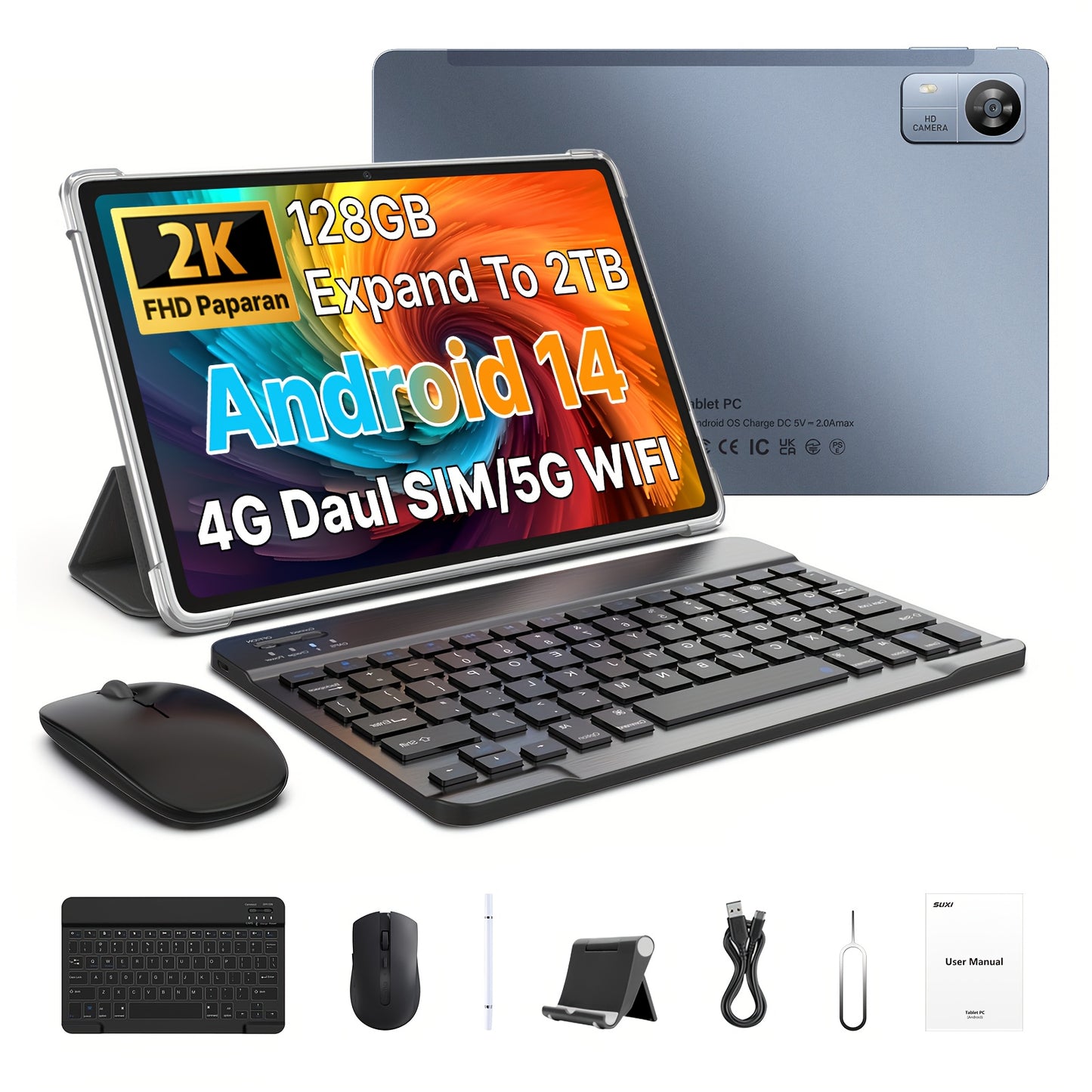 SUXI 2025 New 4G LTE Android 14 Tablet with Calling Capabilities, 10.1-inch FHD In-cell Screen, Octa-core Chip, 12GB RAM + 128GB Storage (expandable Up to 2TB), 5G Wi-Fi, Dual Cameras. Suitable for Gaming, Office Work, Studyi