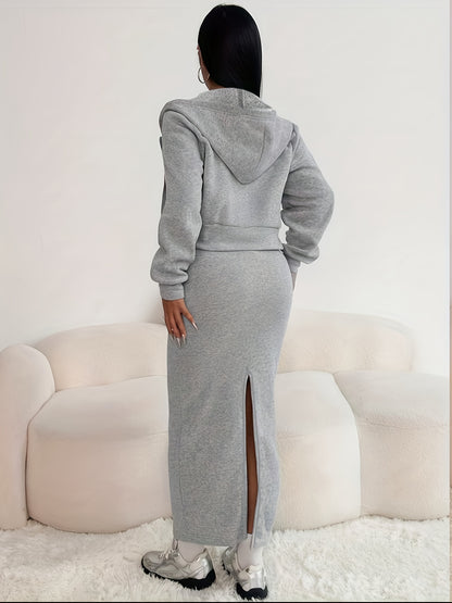 Women's Spring/Autumn Casual Fashion Solid Color Two-Piece Set - Round Neck Sleeveless Midi Dress + Long Sleeve Outerwear - Comfortable Fabric Essential for Commuting and Dating
