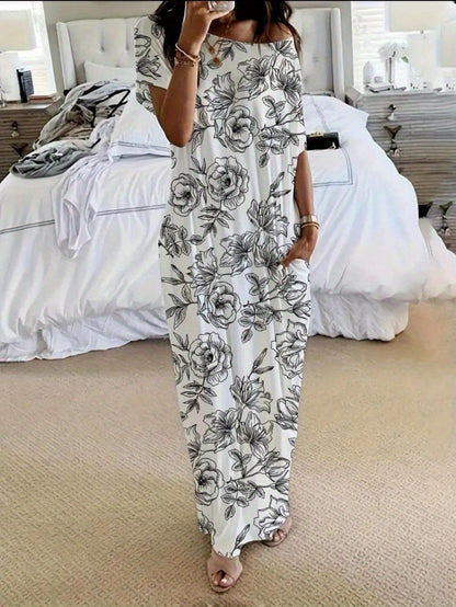Women's Solid Color Batwing Sleeve Lounge Dress, Casual Comfy Short Sleeve Nightdress for Daily Wear, Loungewear, Ladies Sleepwear for All Seasons