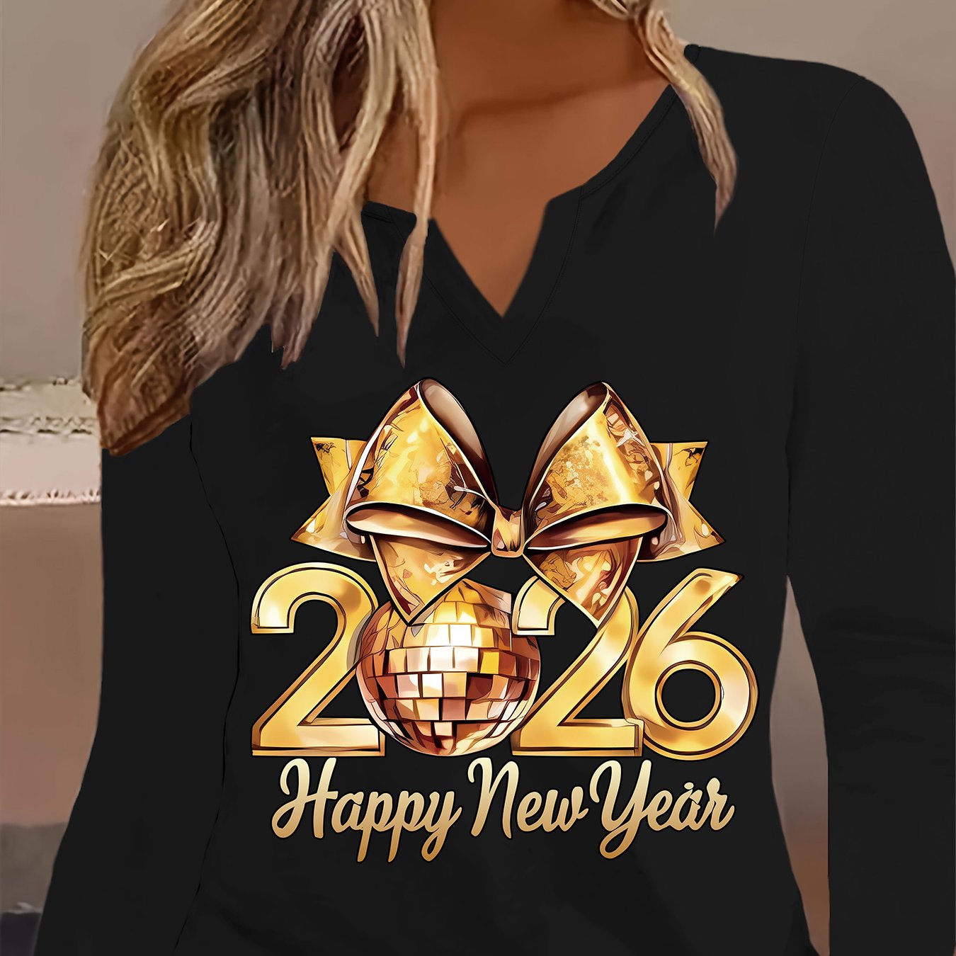 Women'S Elegant Golden Bow & 2026 Happy New Year Print V-Neck Long Sleeve T-Shirt - with Golden Lettering & Number 2026 Design, Casual Spring/fall Top For Casual Attire, New Year Party Outfit, Spring Fashion, Stylish Blouse,