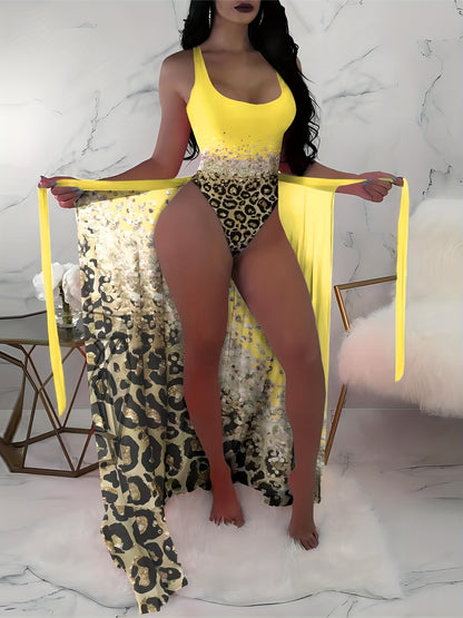 Lake Green Limited Edition Leopard Print One-Piece Swimsuit + Leopard Print Wrap Skirt
