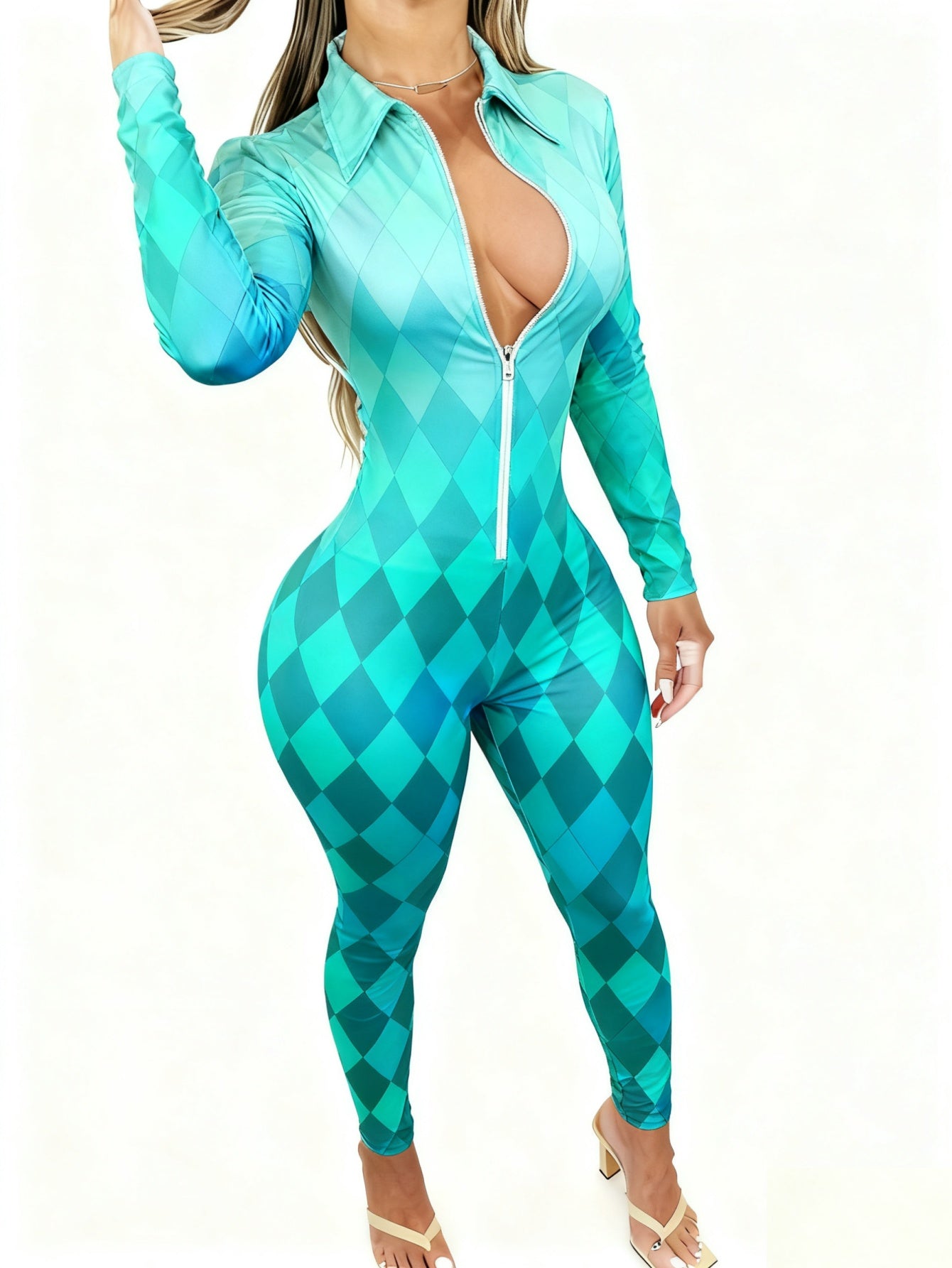 Women's Elegant Sexy Full-Body Print Jumpsuit - Long Sleeve Collar Zipper Front -Pant Outfit, All-Season Party Wedding Guest Special Occasion Attire, Machine Washable