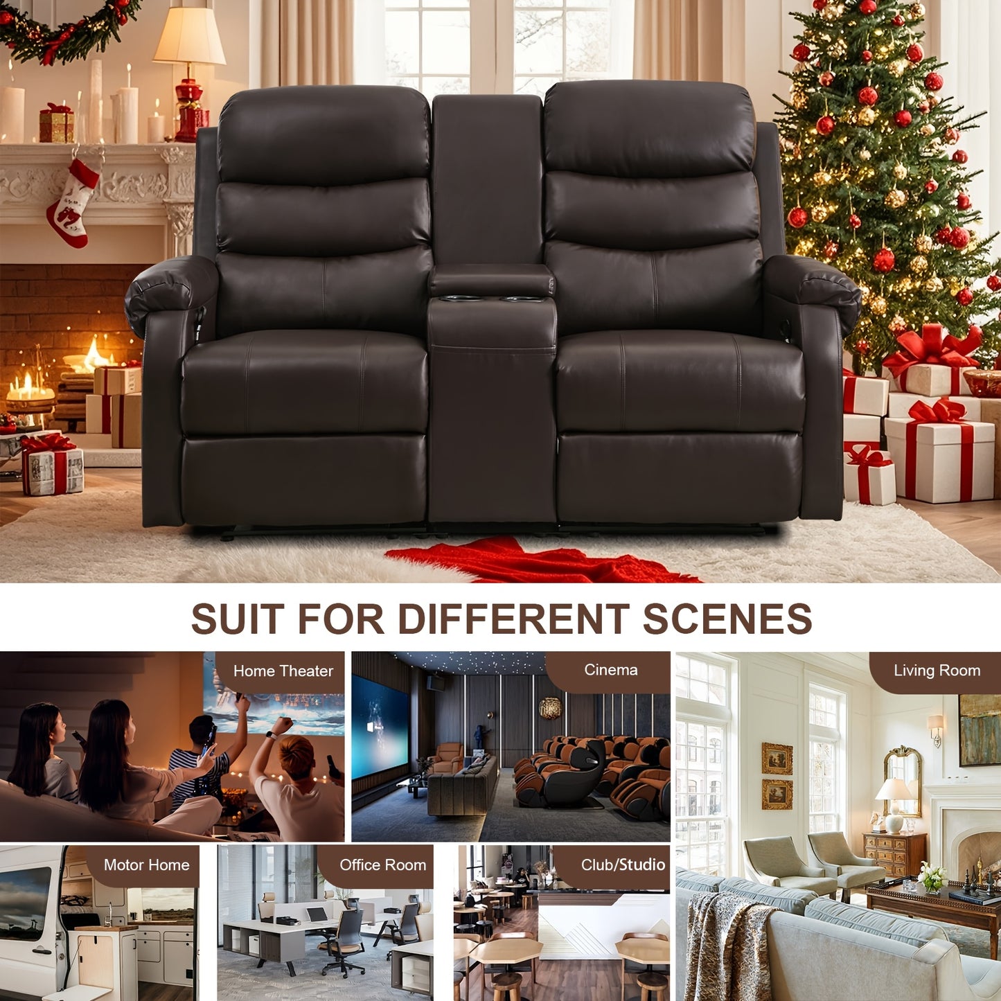 Office Reclining Loveseat, Manual RV Recliner Sofa With Console & Cup Holders & Pockets, Faux Leather Upholstered