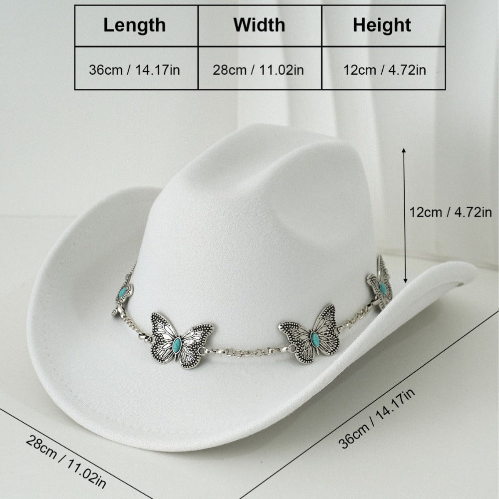 Women'S Bohemian Turquoise & White Cowboy Hat - Felt Wide Brim Sun Hat with Butterfly Metal Chain Accent, Non-Stretch Formal & Western Style for Christmas, Festivals, Casual Attire - Hand Washable Elegant Felt Cowboy Cap, Cow
