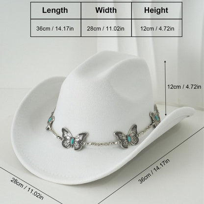 Women'S Bohemian Turquoise & White Cowboy Hat - Felt Wide Brim Sun Hat with Butterfly Metal Chain Accent, Non-Stretch Formal & Western Style for Christmas, Festivals, Casual Attire - Hand Washable Elegant Felt Cowboy Cap, Cow