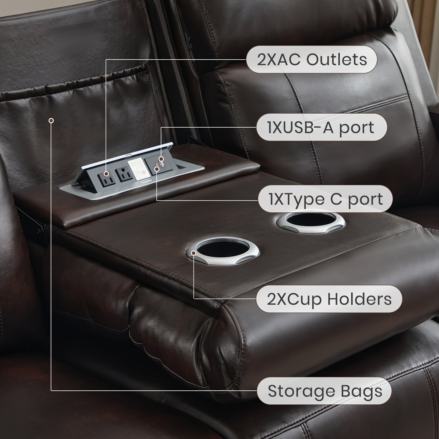 Consofa Leather Reclining Couch, Dual Motor Power Reclining Sofawith Power Headrest/LED Light/Armrest Storage, Recliner Sofa 3 Seater for Living Room/Apartment/Bedroom, Living Room Seating, Apartment Furniture, Stylish Reclin