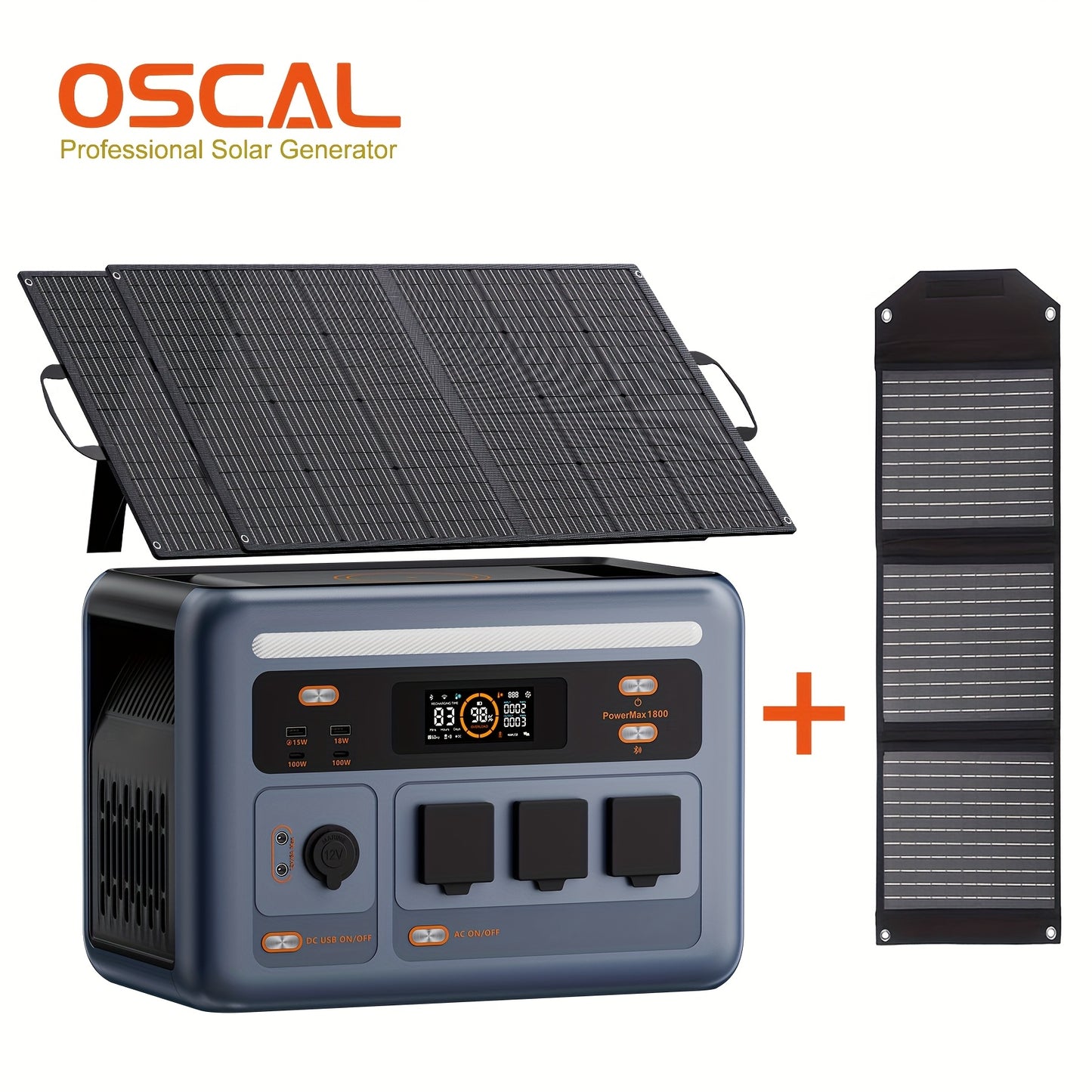 OSCAL Solar Generator with 2x100W Solar Panel & Bonus 30W Panel - 1800W PowerMax, 1024Wh LiFePO4 Battery, 3200W Surge, 700W AC Charging, 3 AC Outlets, App-Controlled Portable Power Station for Home Backup, RV, Camping, Emerge