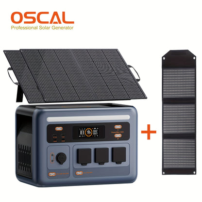 OSCAL Solar Generator with 2x100W Solar Panel & Bonus 30W Panel - 1800W PowerMax, 1024Wh LiFePO4 Battery, 3200W Surge, 700W AC Charging, 3 AC Outlets, App-Controlled Portable Power Station for Home Backup, RV, Camping, Emerge