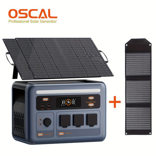 OSCAL Solar Generator with 2x100W Solar Panel & Bonus 30W Panel - 1800W PowerMax, 1024Wh LiFePO4 Battery, 3200W Surge, 700W AC Charging, 3 AC Outlets, App-Controlled Portable Power Station for Home Backup, RV, Camping, Emerge