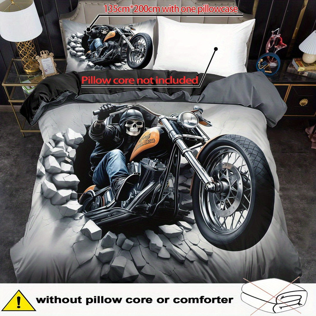 2/ 3pcs Quilt Cover Set, Motorcycle Skeleton Print Duvet Cover Set, King Queen Style Bedding Set, Polyester Machine Washable, Quilt Decoration, Bedroom Guest Room, Birthday Gift (Includes 1 Duvet Cover + 1 or 2 Pillowcases, N