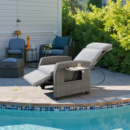 All-Weather PE Wicker Outdoor Recliner Chair with Adjustable Backrest & Footrest, Pop-Up Table & Air Pump Included - Heavy-Duty Patio Lounge Chair, Easy Assembly, Reclines to 155° Lay Flat (for poolside,, Balcony) - Low