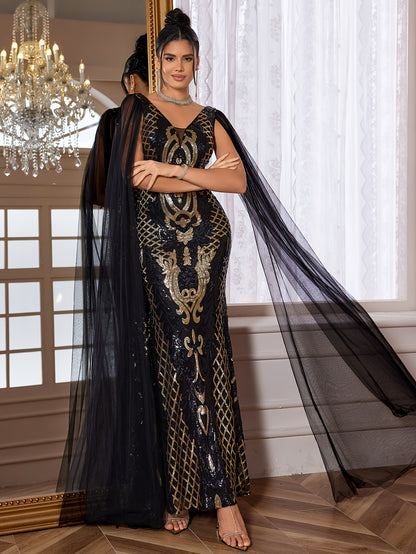 Fitted Dress - Sequin - V-Neck