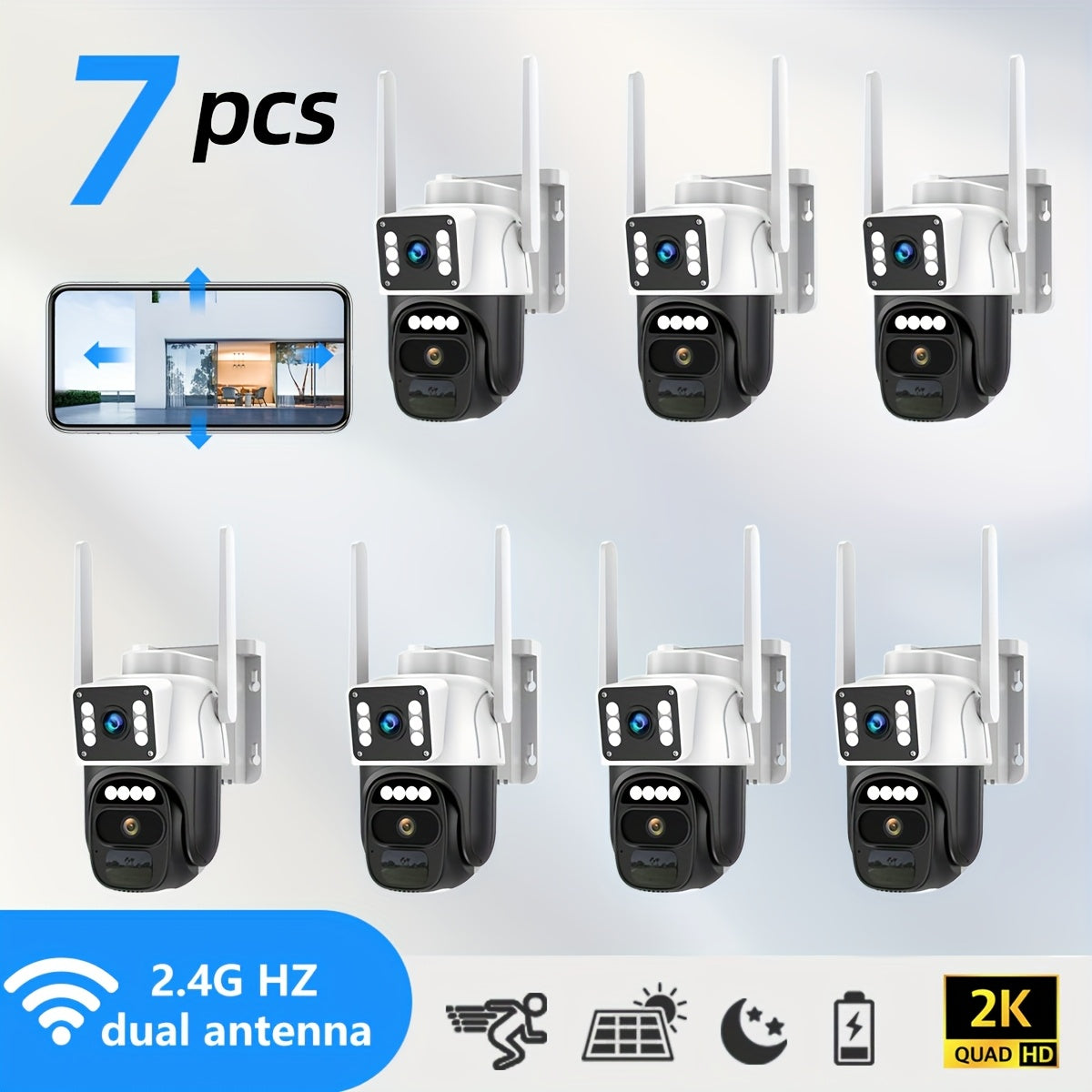 7pcs Hawkray Solar-Powered Wireless Outdoor Security Cameras, 2K HD 360° PTZ, 10X Zoom, Two-Way Audio, Spotlight Siren & PIR Motion Detection, Solar Panel Included, App-Controlled For Home/Office,.