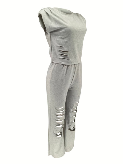 Distressed Burnt-Out Set - Women's Sleeveless Sweatshirt and Pants