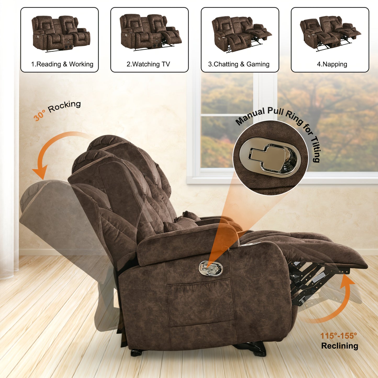 68" Rocker Recliner Loveseat Sofa with Console - Manual Reclining Rocking Chair, Faux Leather, USB Outlets & Side Pockets, Metal Frame, 110-240V Plug Powered