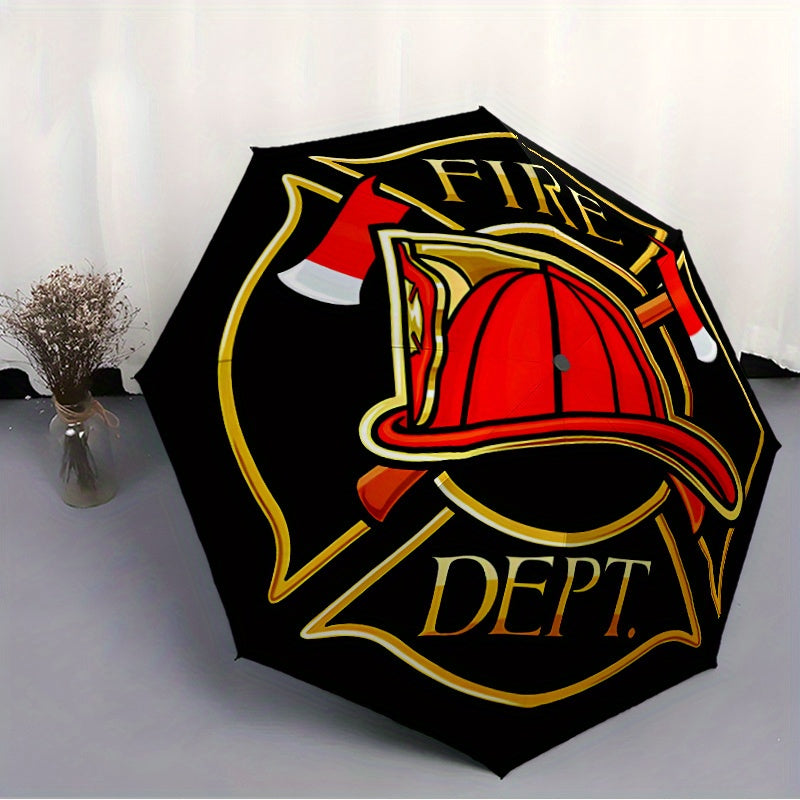Automatic Opening/Closing Fire Dept Umbrella with Firefighter Badge Emblem (FD Badge) - 8-Rib Heavy-Duty Black & Firefighter Accessory, Portable All-Weather Umbrella for Emergency Services, & Fire Department Style