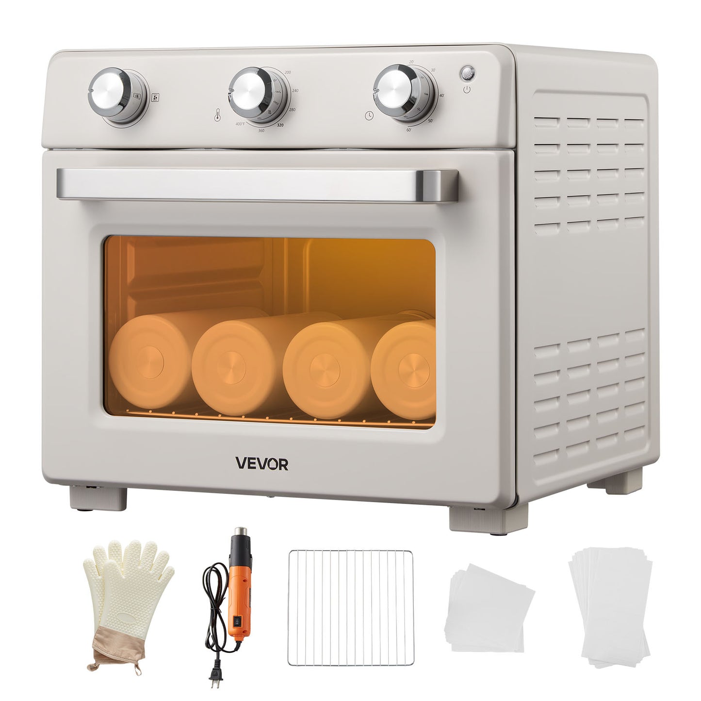 VEVOR Sublimation Oven Machine, 26 Qt, Fits 40oz Tumblers, Standard model / With 1 Heat Air Gun model, 50 Shrink Films, 1 Tape and 2 Heat Gloves, 360° Turbo Convection for Sublimation Blank Tumblers, Mugs, Bowls, Off-White