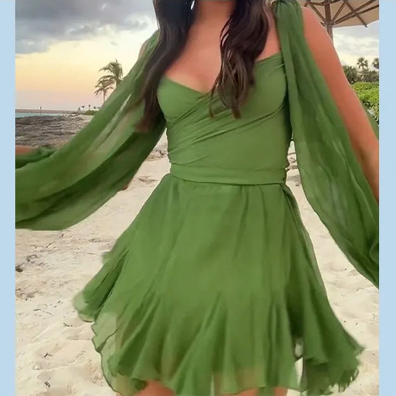 2026 New Spring Summer Women's Dress - V-Neck Solid Pleated Elegant Style, Sexy Chic Long Sleeve Gown, Versatile for Everyday Outfits