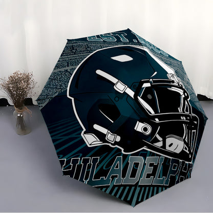 Philadelphia Football Team Spirit Automatic Opening/Closing Umbrella - 8-Rib All-Weather Foldable Travel Umbrella with Teal & Golden City Skyline & Logo Design, Portable for Daily Use, Sports Events, Gift for Fans