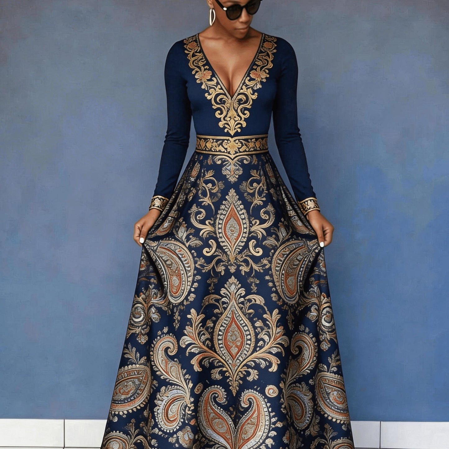 Flower Rich And Luxurious Flower Print Design Women's V-neck Dress with Waist Cinching And Shaping, And Casual Drape, Sexy Charm, Fresh Temperament, Commuting Trend, Elegant Long Skirt, Cocktail Party, High-end Occasion