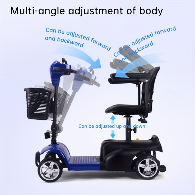 Mobility Aids for The, Four-wheel Foldable Mobility Scooters for Adults, 250w 12V, 12ah 15 Mile Long Range, with LED Headlights And A Detachable Storage Basket. Comes with A Tool Kit, Charger, And Instruction Manual.