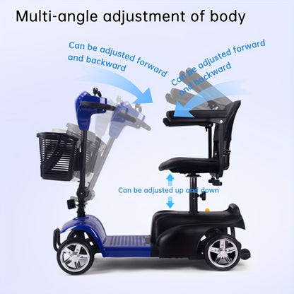 Mobility Aids for The, Four-wheel Foldable Mobility Scooters for Adults, 250w 12V, 12ah 15 Mile Long Range, with LED Headlights And A Detachable Storage Basket. Comes with A Tool Kit, Charger, And Instruction Manual.
