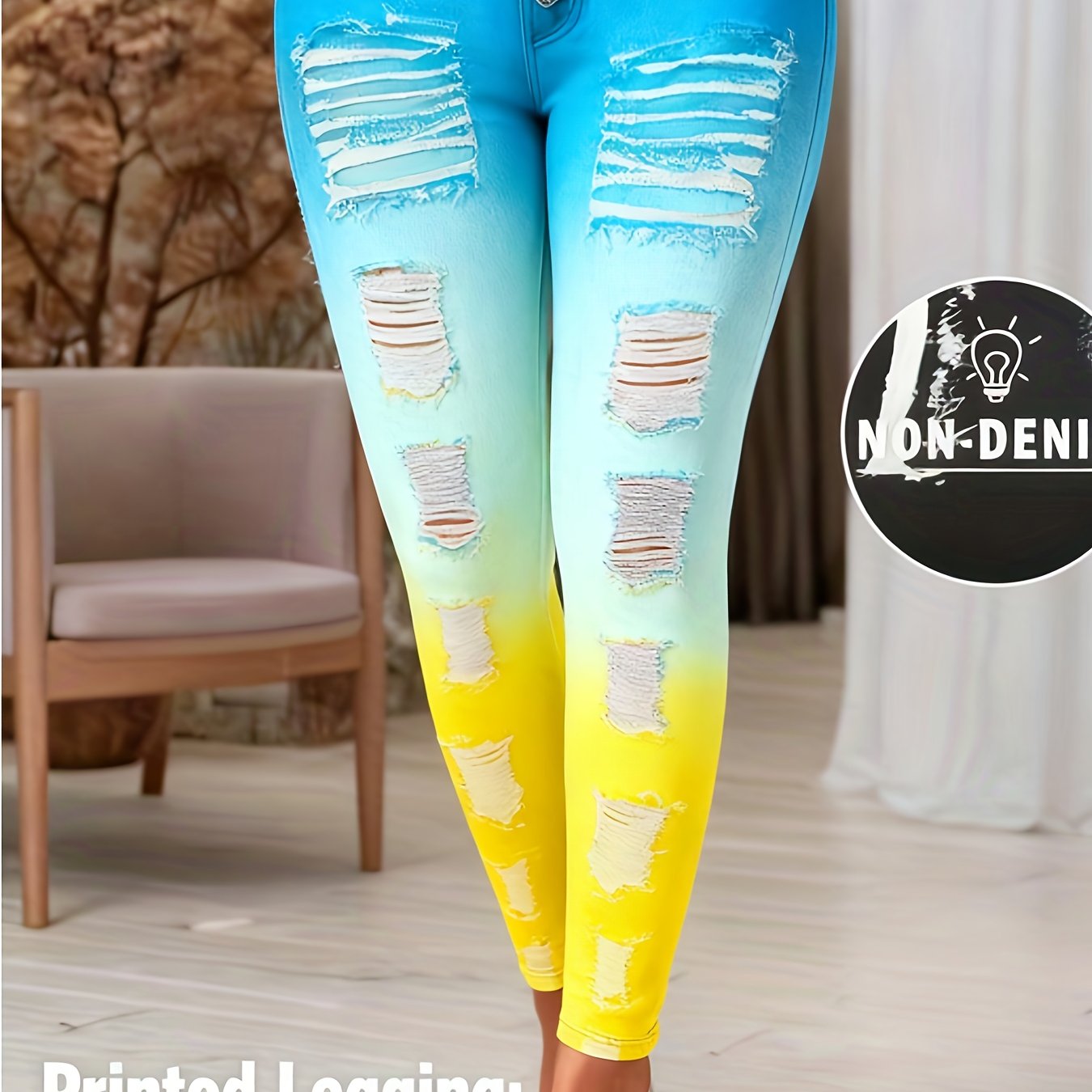[Printed Pants - Not Denim Fabric] Printed Legging - Not Denim Fabric - Christmas Plus Size Women's Digital Print Denim-Look Leggings, Stretch Polyester, All-Season Casual Slim-Fit Pants, Regular Fit, Adult Sizes, Machine Was