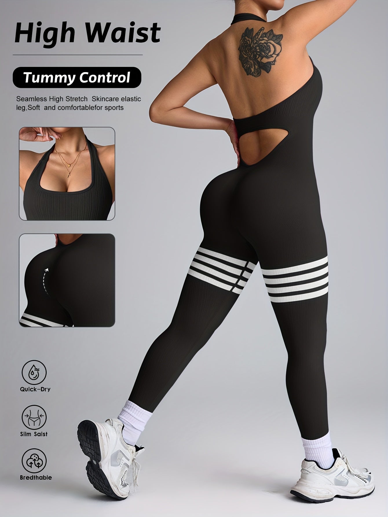 Women's High-Waisted Yoga Rompers - Butt-Lifting & Tummy Control Workout Bodysuit, Non-See-Through Quick-Dry Athletic Onesie for Gym, Yoga, Dance - Machine Washable Fitness Suit, Durable Sportswear, Gym Wear, Seamless Design,