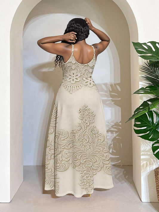 Plus Size, Vintage Lace Wedding Dress - A-Line -Length Evening Gown with Bridal Lace Overlay, Beige & Floral Print, Machine Washable Mermaid-like Silhouette for Prom, Gown, Special Occasions (Couture-Inspired)