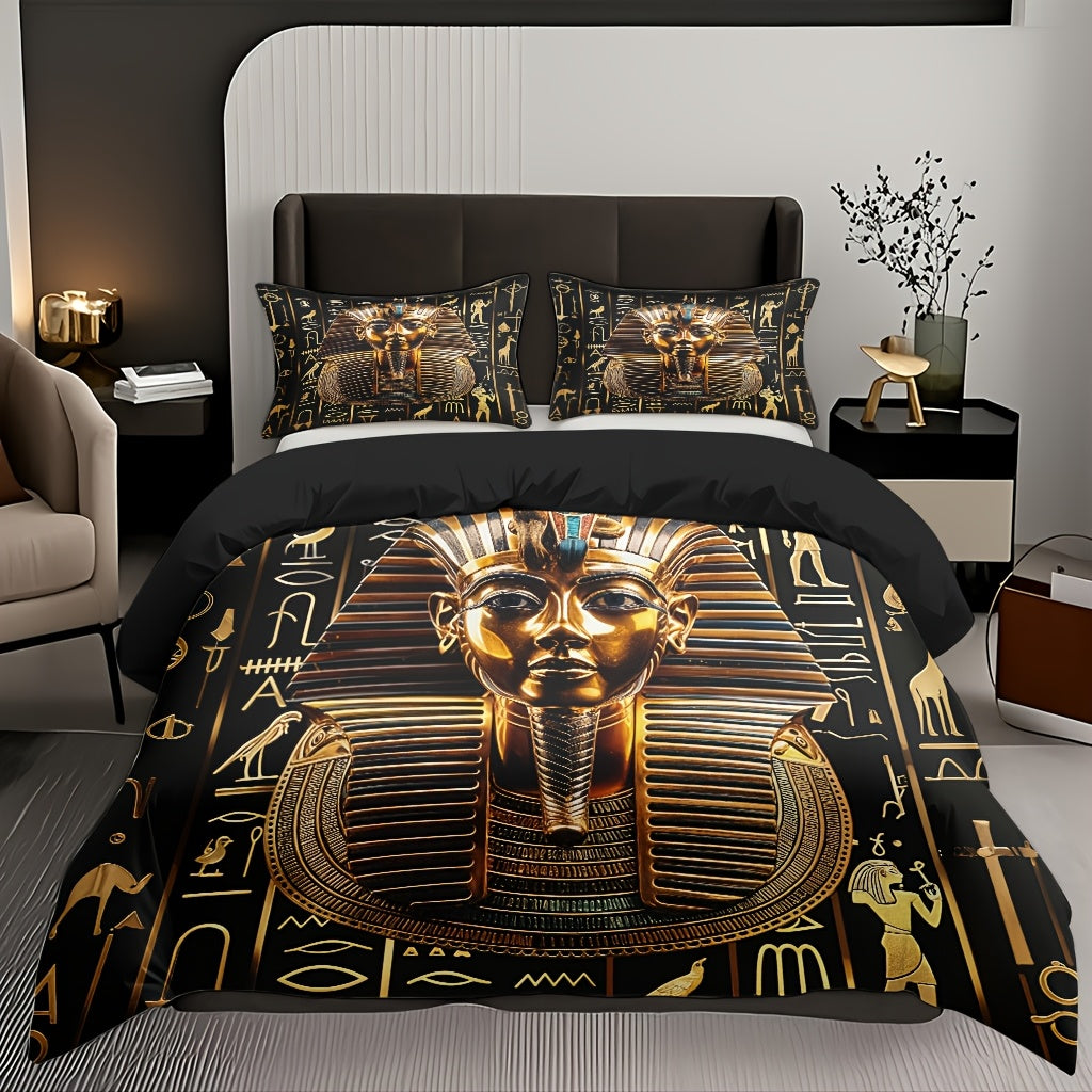 3pcs Egyptian Pharaoh Comforter Set - Soft High-Definition Digital Print Design, Perfect Gift, All-Season Use! Soft, Breathable 100% Polyester, Ideal For Family And Friends - Machine Washable (1 Comforter Cover + 2 Pillowcase