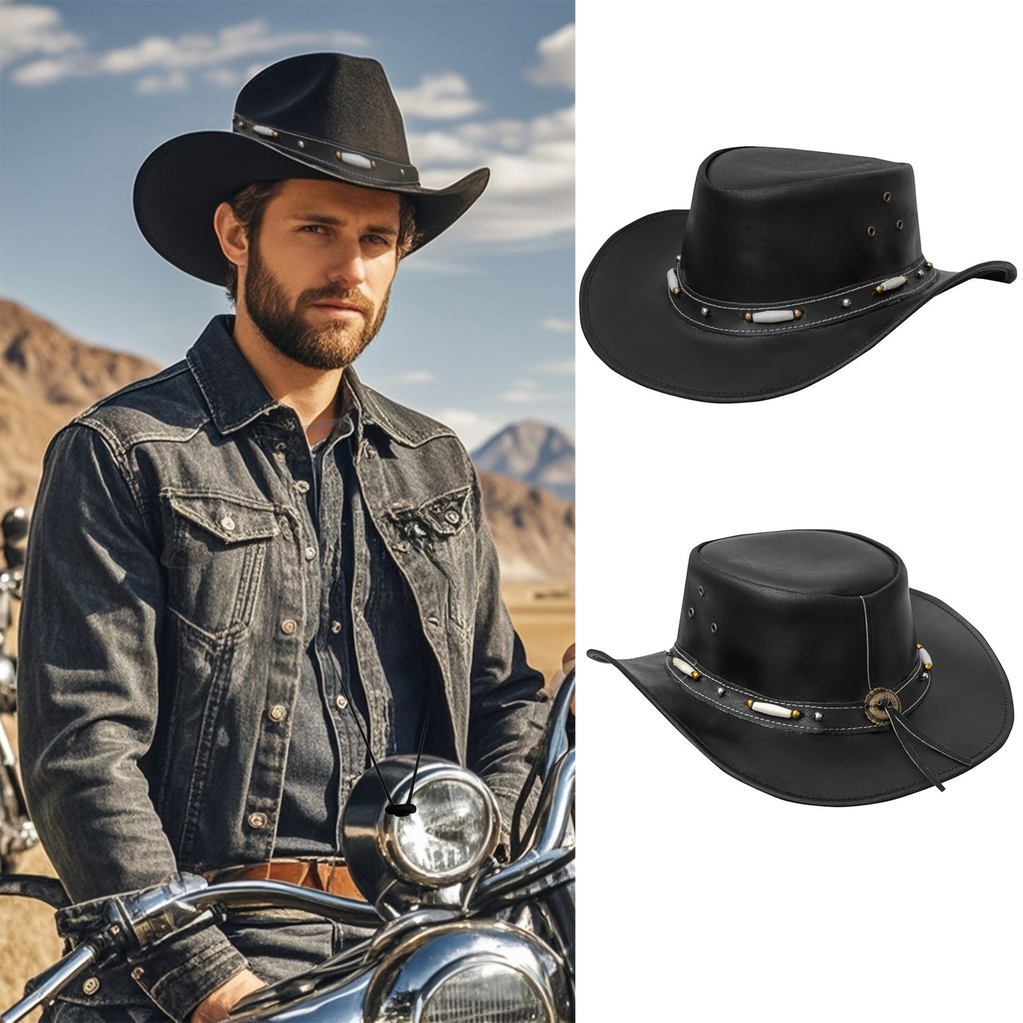 SideWinder Australian Cowboy Genuine Leather Hat Unisex Adult for Men And Women Shapeable Outback Western Style Wide Brim, Festival Unisex Outdoor Accessory, High Quality &, Stitching, Lightweight Top-Grain Genuine Leather, A