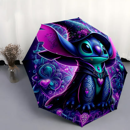 Stitch Night 2 Automatic Umbrella with Stitch Design - Auto Open/Close, Compact Folding Umbrella, Sturdy 8-Rib Iron Frame, Portable Travel Umbrella for Women/Men, Cute Stitch Character Accessory for Fans, Everyday & Special E