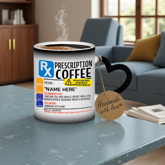 11oz 350ml Color Changing Mug - Durable Ceramic Coffee Cup with "PREScription COFFEE" Design, Hand Wash Only, Reusable Drinkware for Home, Office, Outdoor & Study - Perfect Holiday Gift for Christmas, Halloween, Easter, Coffe