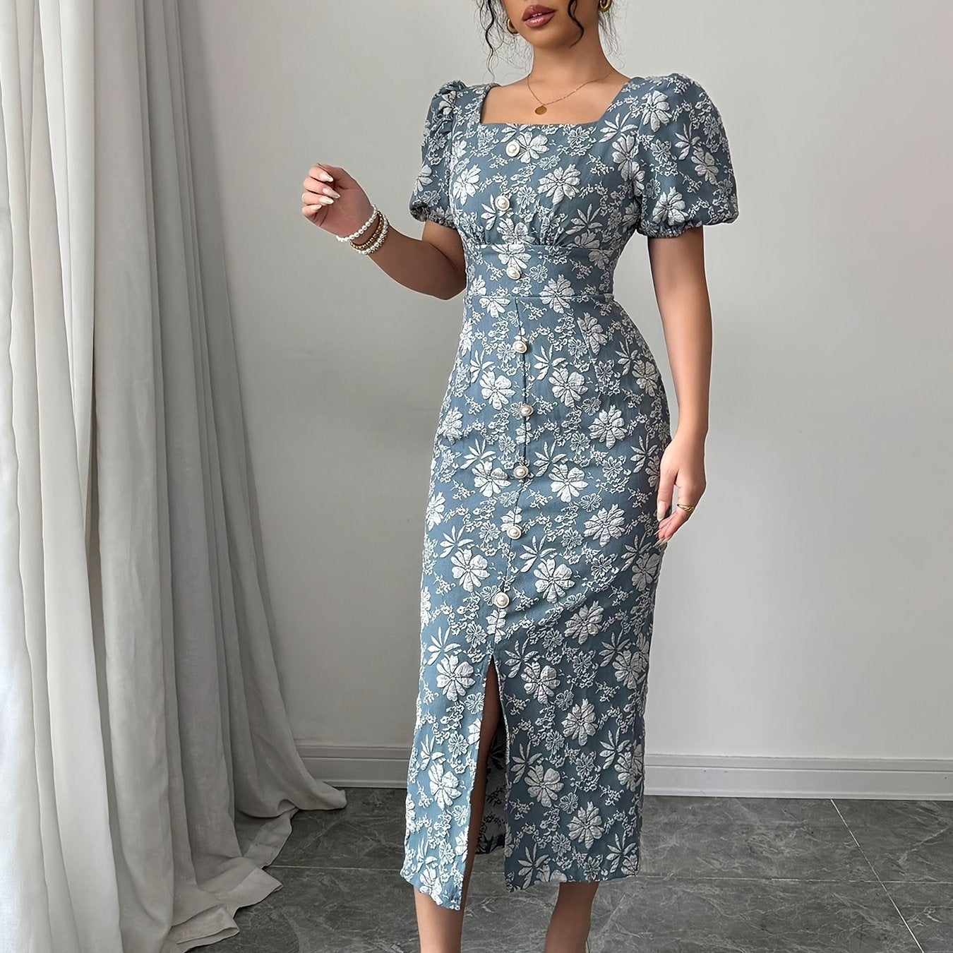 Women's Elegant Square Neck Formal/Party/Casual dress - Waist-Cinching A-Line Midi with Back Zipper, Non-Stretchy Fabric for Wedding, Evening, Vacation - Machine Washable Evening Gown