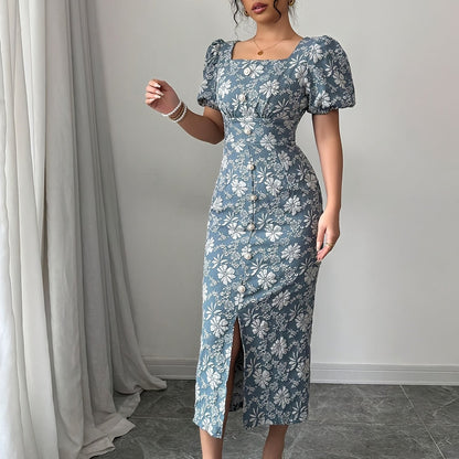 Women's Elegant Square Neck Formal/Party/Casual dress - Waist-Cinching A-Line Midi with Back Zipper, Non-Stretchy Fabric for Wedding, Evening, Vacation - Machine Washable Evening Gown