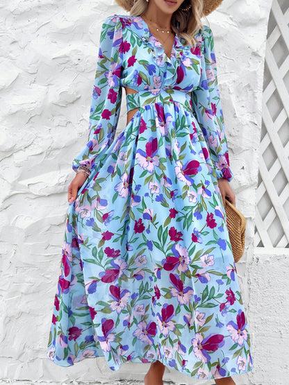 Stylish Floral Dresses with V-Neck, Long-Sleeved& Waist-Cinching Design for A Comfortable Look- Holiday& Casual Outfit for Women