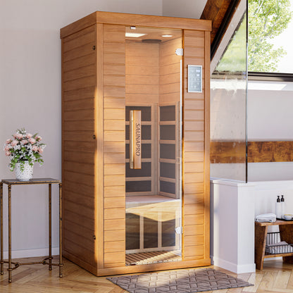 1-Person Sauna Room, Indoor Spectrum Infrared Sauna for Home, Dry Sauna with WiFi/BT Control and 5 Heater Panels, 9-Color Light Therapy, Safe Flame-Retardant Material, Wood Low EMF 1200W/120V Heater, Home Spa and Gym Use