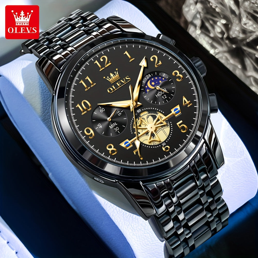 OLEVS Men's Luxury Multifunctional Quartz Watch - Stainless Steel Luminous Analog Watch with Moon Phase, Chronograph, Date/Day/24H Indicator, Golden-Tone & Bracelet for Business, Casual, Casual Attire - Dress Watch