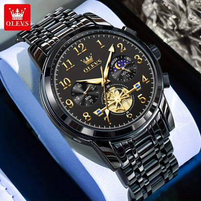 OLEVS Men's Luxury Multifunctional Quartz Watch - Stainless Steel Luminous Analog Watch with Moon Phase, Chronograph, Date/Day/24H Indicator, Golden-Tone & Bracelet for Business, Casual, Casual Attire - Dress Watch