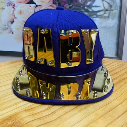 Punk Style Men'S Baseball Cap, 100% Polyester Lightweight Flat Brim Hat with Alphabet Pattern and Embellishments, Non-Stretch Fabric