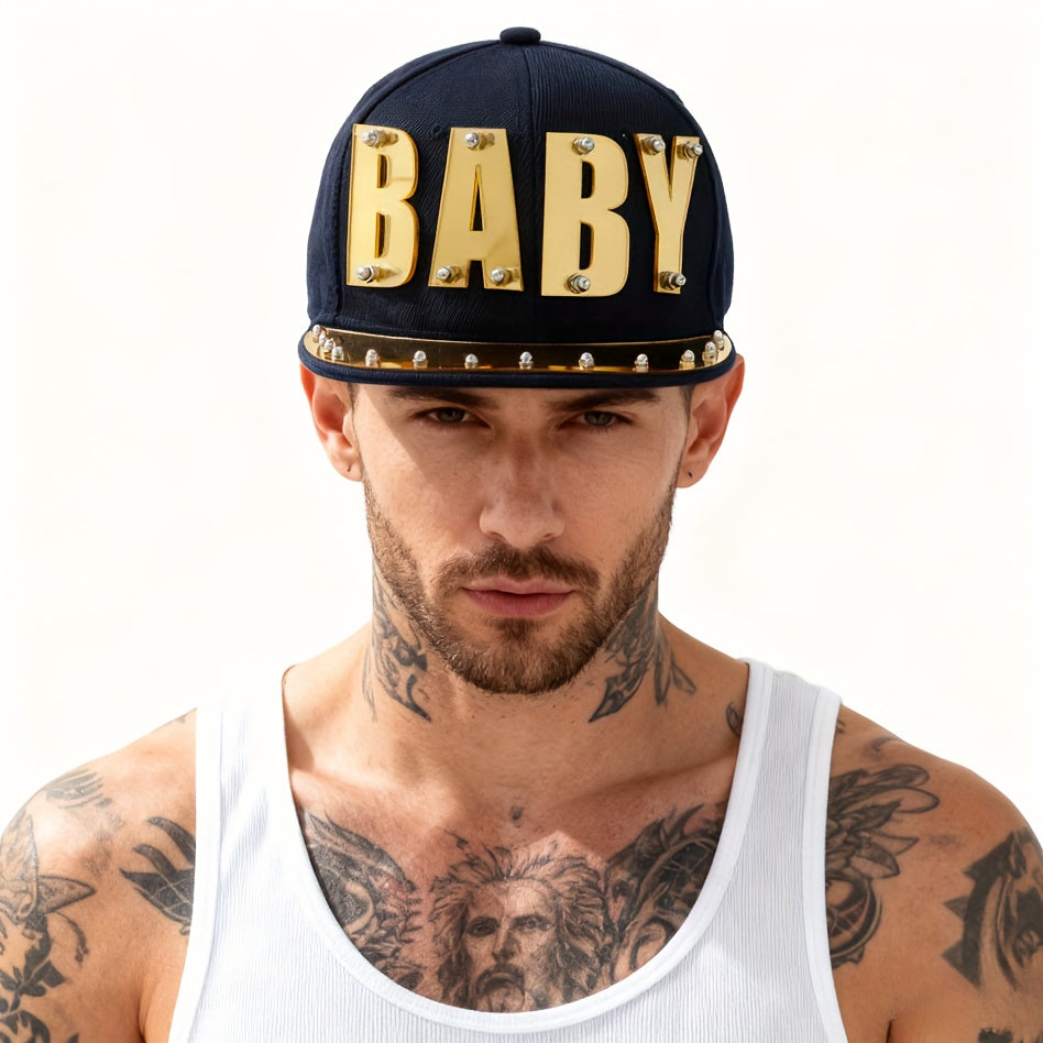 Punk Style Men'S Baseball Cap, 100% Polyester Lightweight Flat Brim Hat with Alphabet Pattern and Embellishments, Non-Stretch Fabric