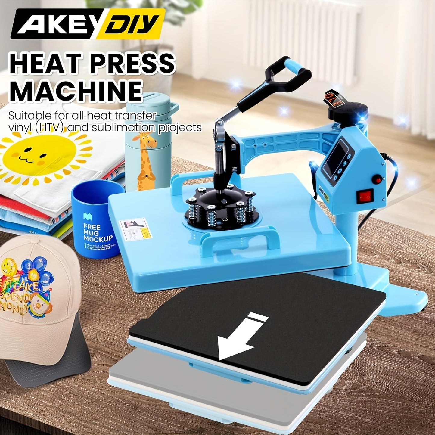 15x15 Inch 5-in-1 Set Heat Press Machine for Everything Transfers, Swing Away Press Machine for T Shirt, Bags, Pillows, Plates(6" And 8"), Tumblers, Mugs, Cups, Hats And Caps(5.5"x3") - Hat Heat Press - 3in 1 Can Only Press H